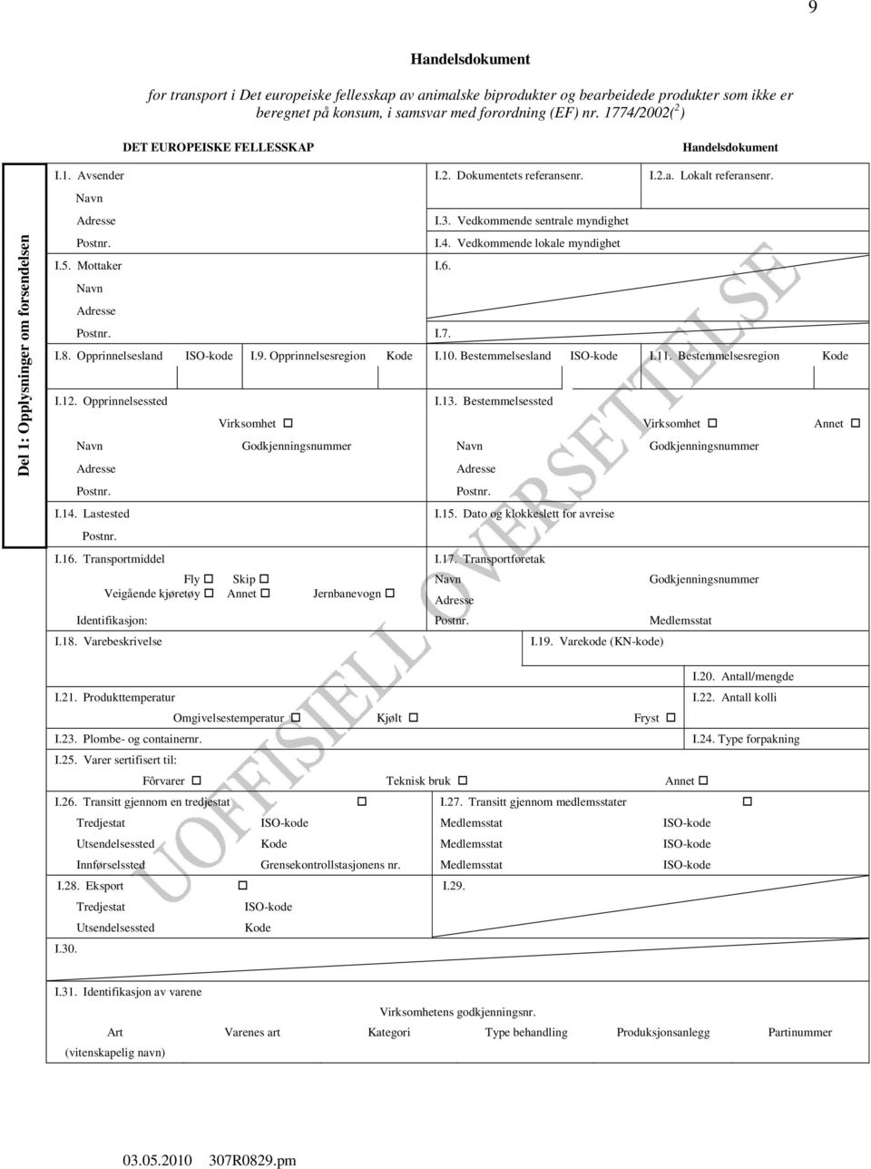 Vedkommende sentrale myndighet I.4. Vedkommende lokale myndighet I.5. Mottaker I.6. I.7. I.8. Opprinnelsesland ISO-kode I.9. Opprinnelsesregion Kode I.10. Bestemmelsesland ISO-kode I.11.