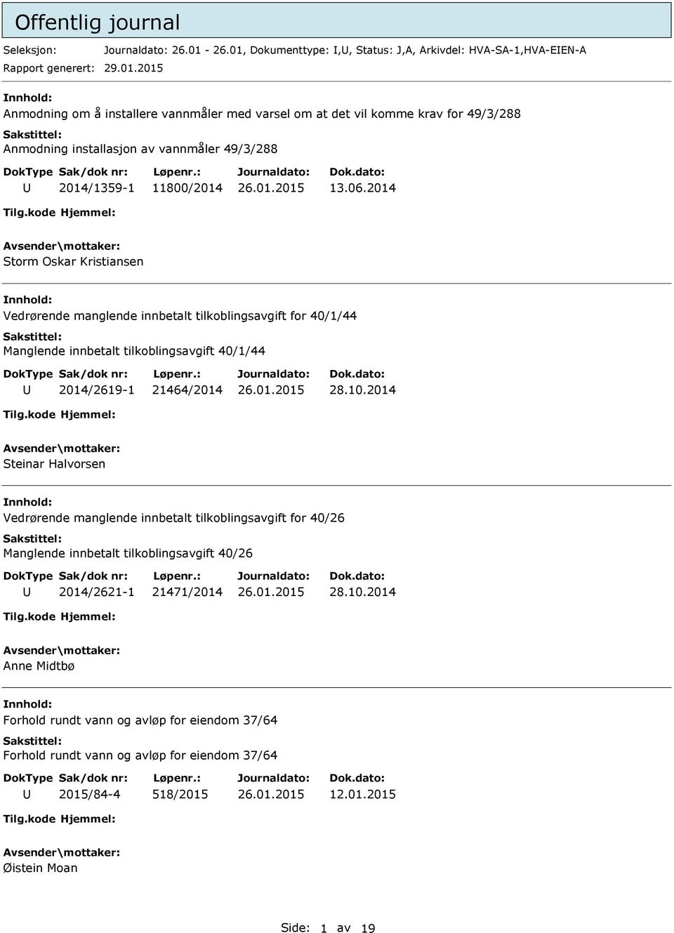 06.2014 Storm Oskar Kristiansen Vedrørende manglende innbetalt tilkoblingsavgift for 40/1/44 Manglende innbetalt tilkoblingsavgift 40/1/44 2014/2619-1 21464/2014 28.10.