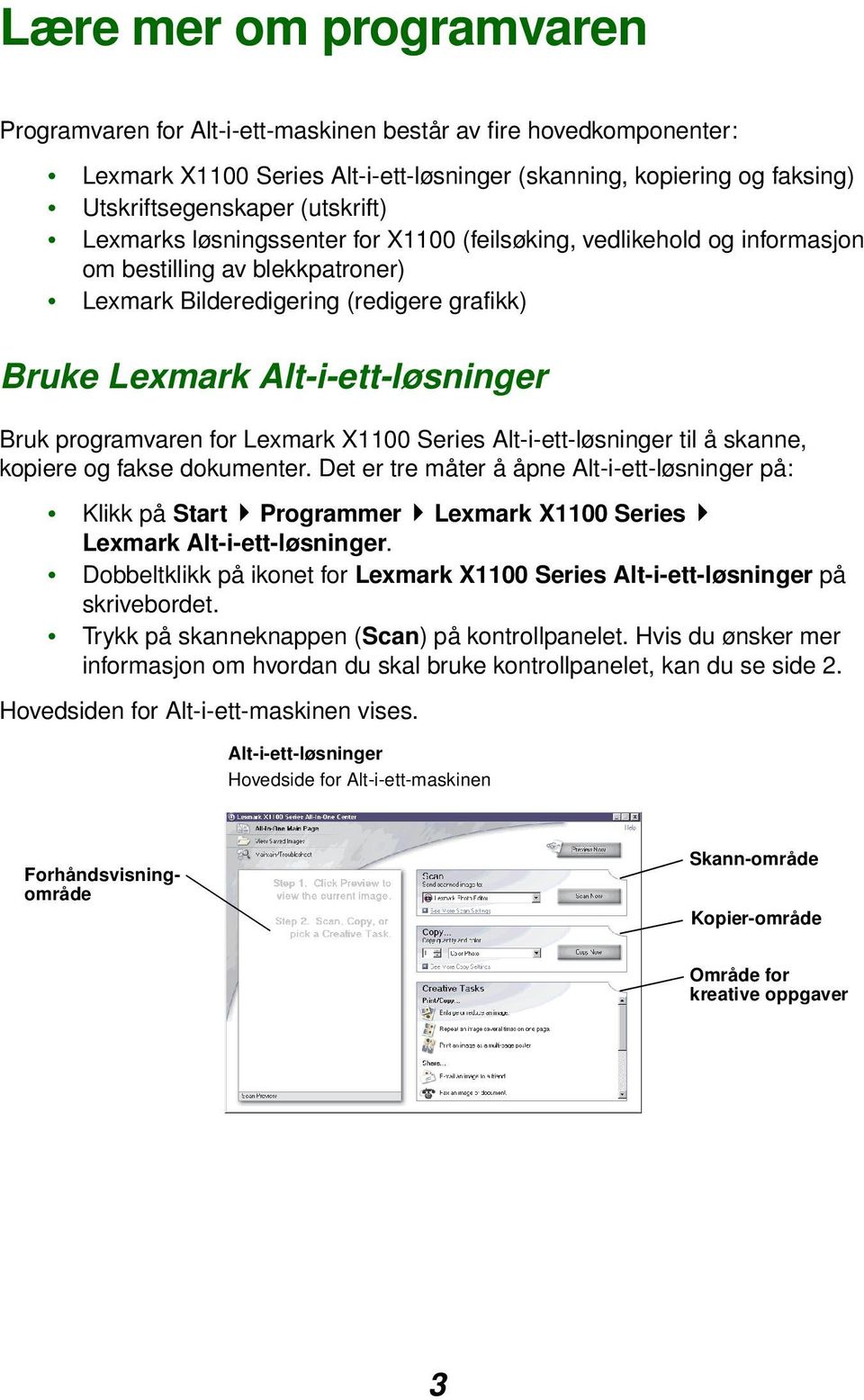 programvaren for Lexmark X1100 Series Alt-i-ett-løsninger til å skanne, kopiere og fakse dokumenter.