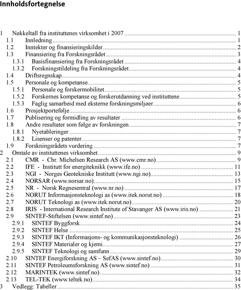 .. 5 1.5.3 Faglig samarbeid med eksterne forskningsmiljøer... 6 1.6 Prosjektportefølje... 6 1.7 Publisering og formidling av resultater... 6 1.8 Andre resultater som følge av forskningen... 7 1.8.1 Nyetableringer.