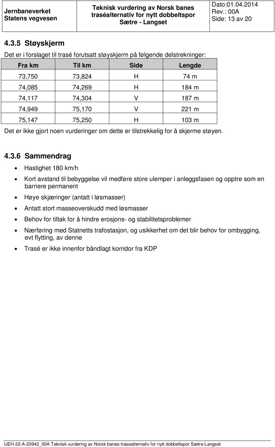 5 Støyskjerm Det er i forslaget til trasé forutsatt støyskjerm på følgende delstrekninger: Fra km Til km Side Lengde 73,750 73,824 H 74 m 74,085 74,269 H 184 m 74,117 74,304 V 187 m 74,949 75,170 V