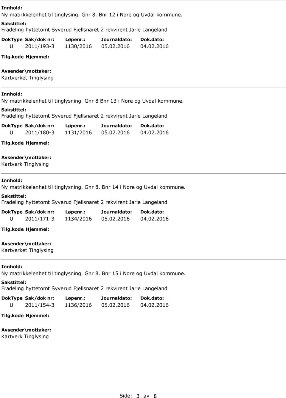 Gnr 8 Bnr 13 i Nore og vdal kommune. 2011/180-3 1131/2016 Ny matrikkelenhet til tinglysning. Gnr 8.