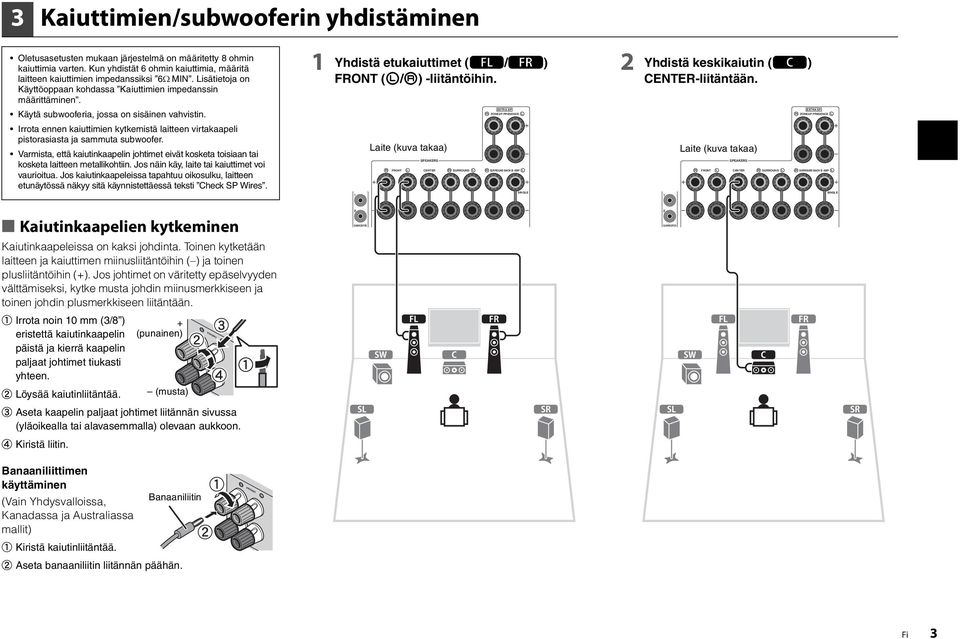 Irrota ennen kaiuttimien kytkemistä laitteen virtakaapeli pistorasiasta ja sammuta subwoofer. Varmista, että kaiutinkaapelin johtimet eivät kosketa toisiaan tai kosketa laitteen metallikohtiin.