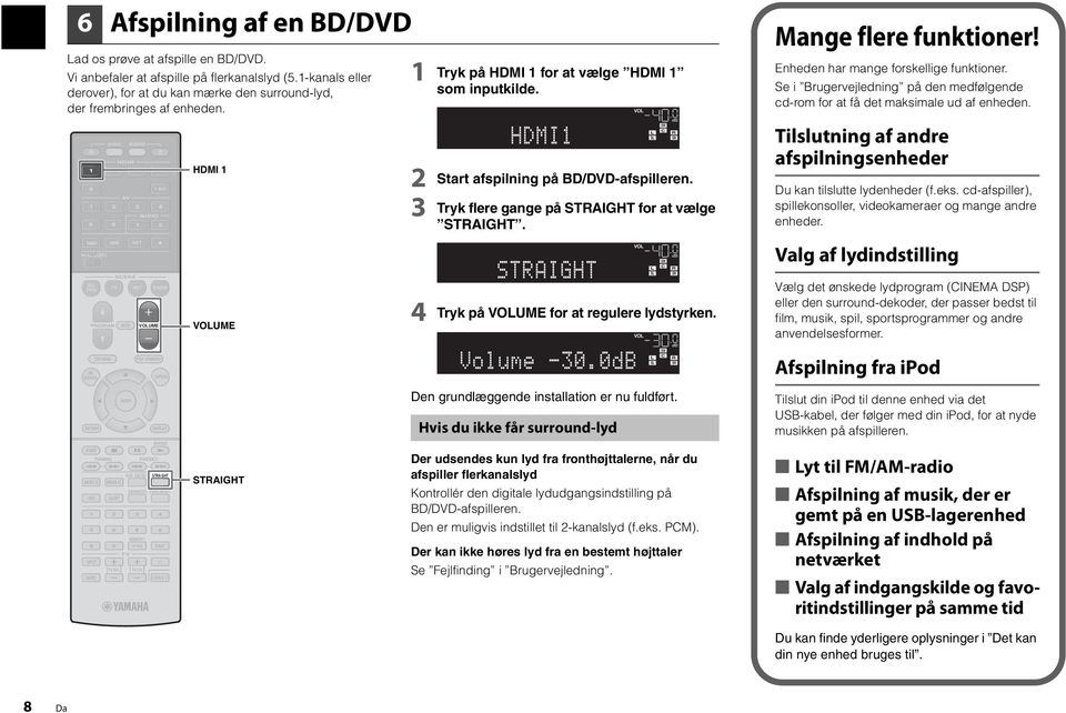 OPTION DISPLAY BAND STRA GHT ENHANCER PURE DIRECT 4 5 6 8 MEMORY 0 0 ENT TV NPUT TV VOL TV CH MUTE CODE S T STRAIGHT Tryk på for at vælge som inputkilde. Start afspilning på BD/DVD-afspilleren.