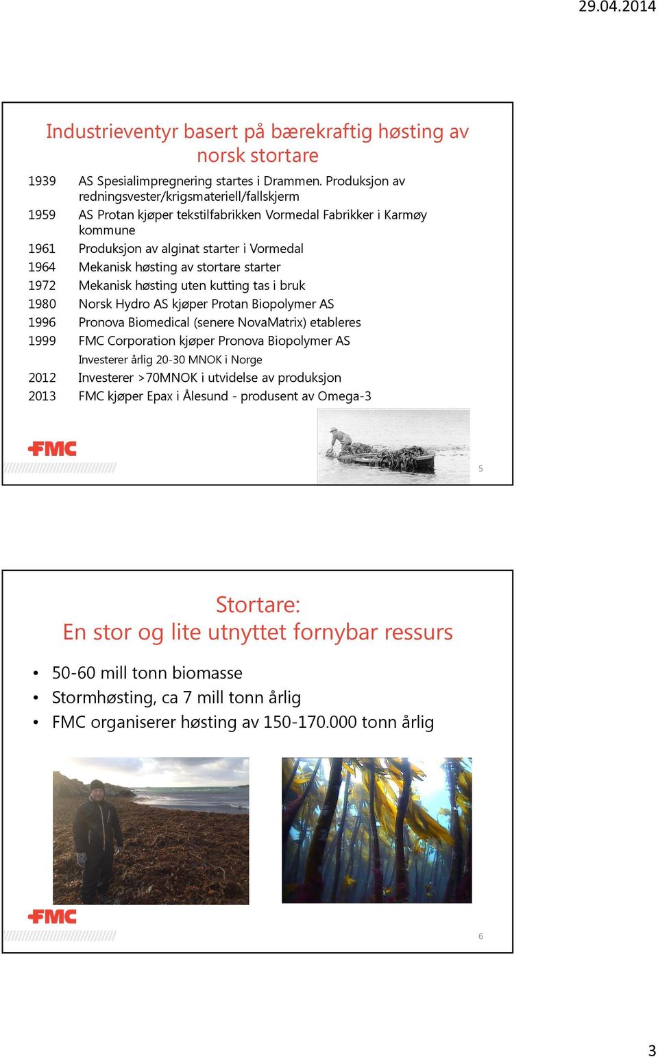 av stortare starter 1972 Mekanisk høsting uten kutting tas i bruk 1980 Norsk Hydro AS kjøper Protan Biopolymer AS 1996 Pronova Biomedical (senere NovaMatrix) etableres 1999 FMC Corporation kjøper