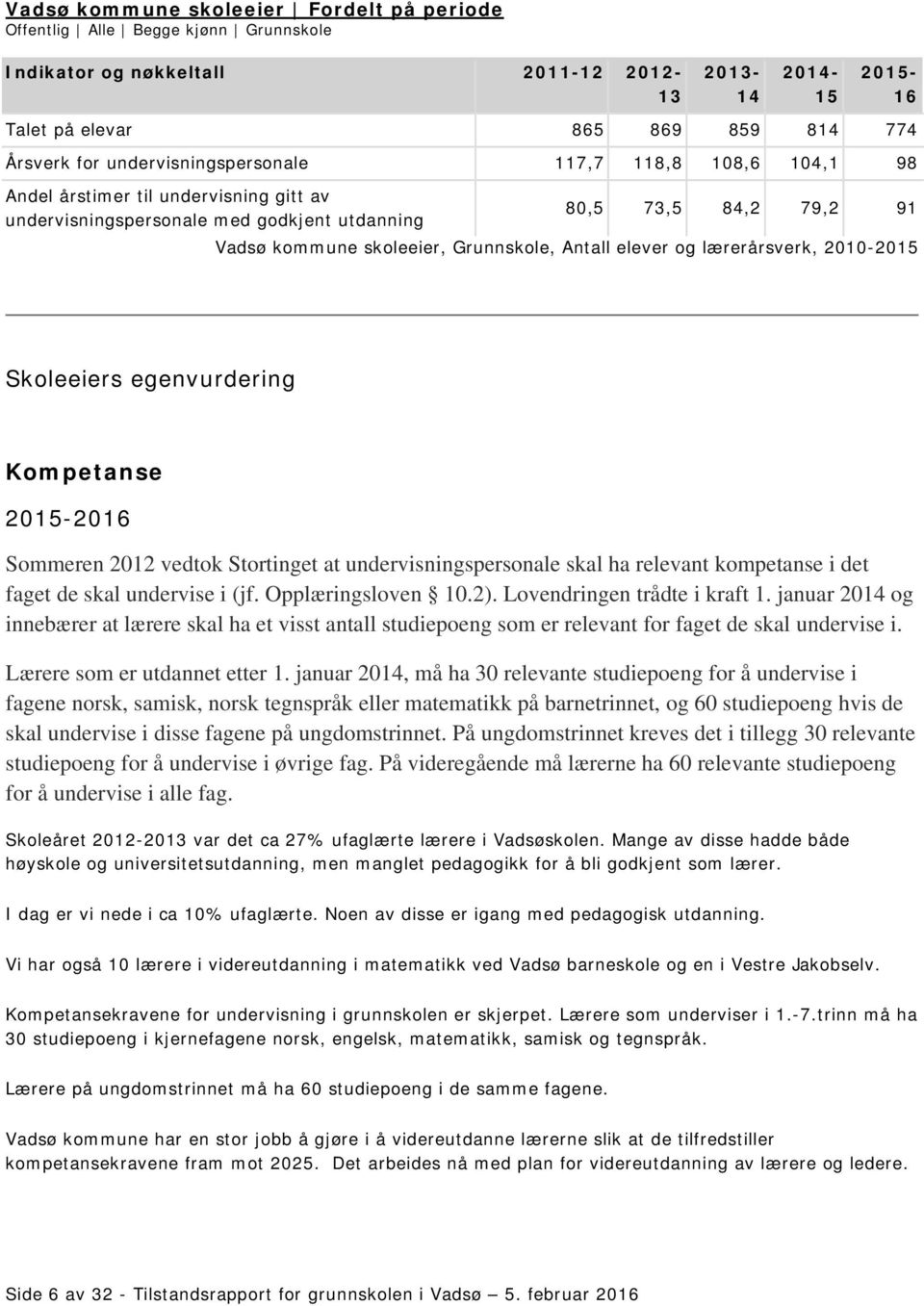 Antall elever og lærerårsverk, 2010-2015 Skoleeiers egenvurdering Kompetanse 2015-2016 Sommeren 2012 vedtok Stortinget at undervisningspersonale skal ha relevant kompetanse i det faget de skal