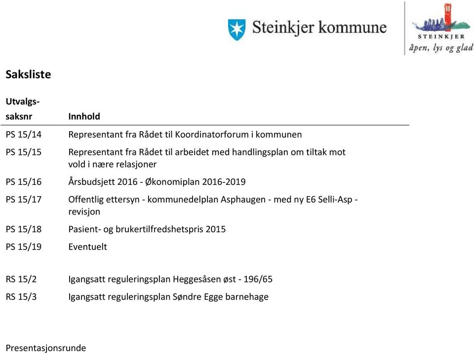 ettersyn - kommunedelplan Asphaugen - med ny E6 Selli-Asp - revisjon PS 15/18 Pasient- og brukertilfredshetspris 2015 PS 15/19