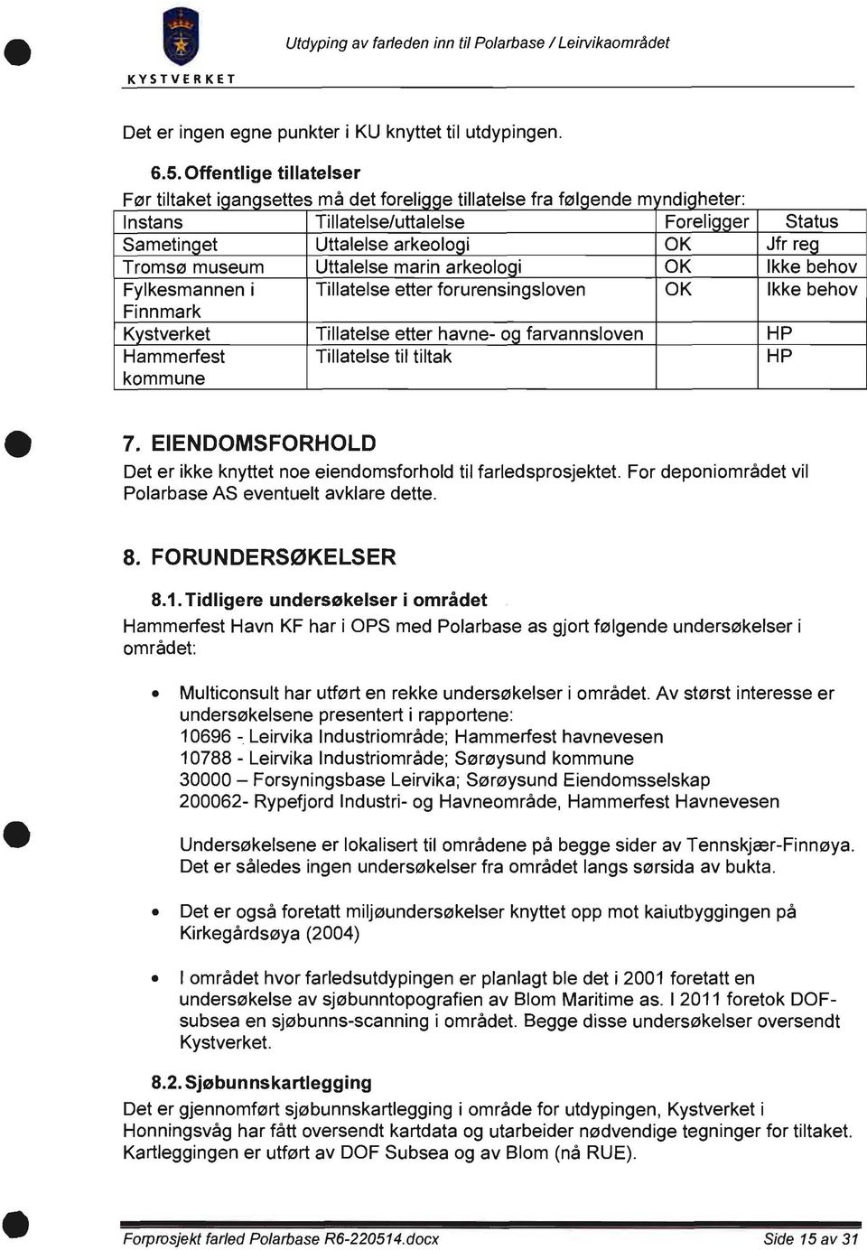 museum Uttalelse marin arkeologi OK Ikke behov Fylkesmannen i Tillatelse etter forurensingsloven OK Ikke behov Finnmark Kystverket Tillatelse etter havne- og farvannsloven HP Hammerfest kommune