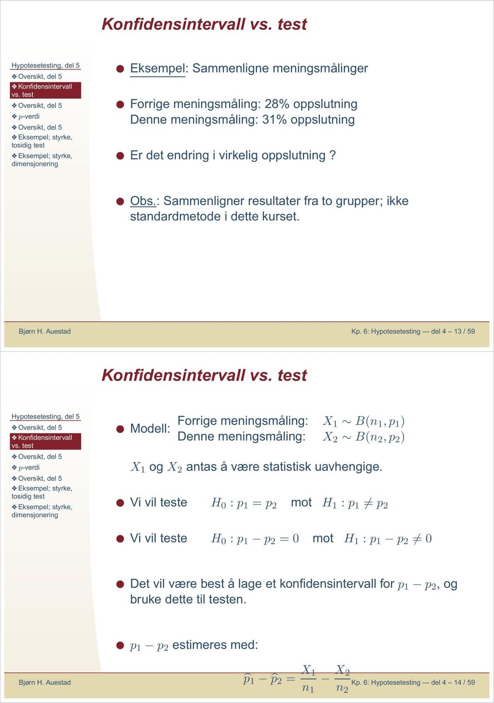 6: Hypotesetestig del 4 13 / 59 Kofidesitervall Modell: Forrige meigsmålig: X 1 B( 1,p 1 Dee meigsmålig: X 2 B( 2,p 2 X 1 og X 2 atas å være statistisk uavhegige.