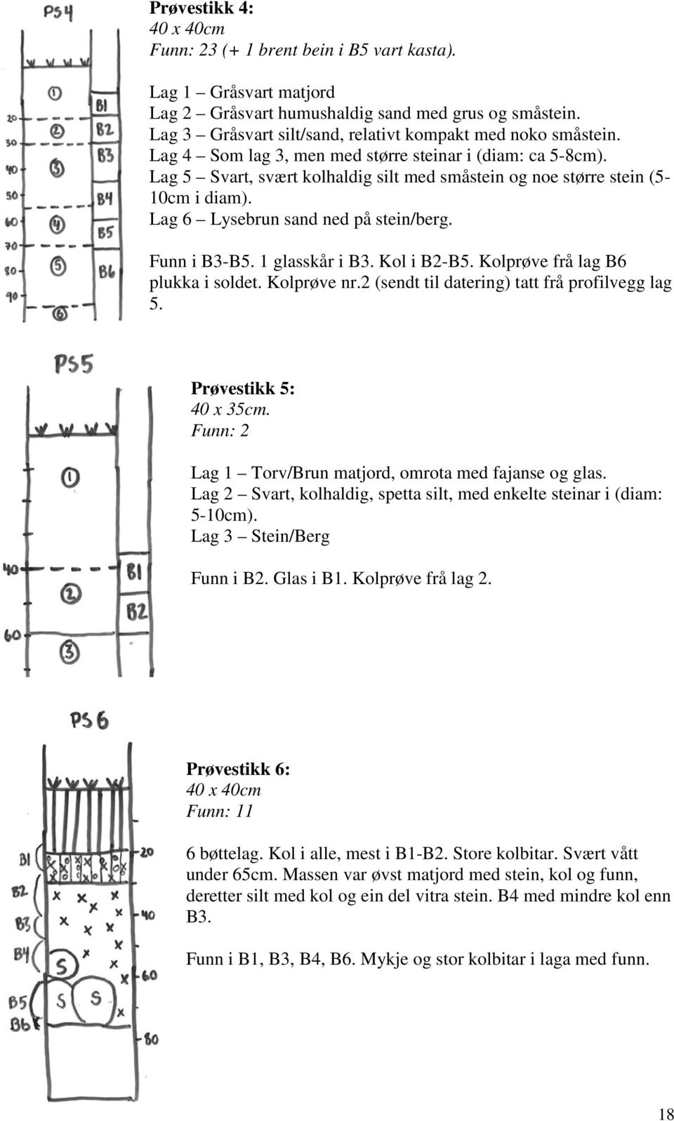 Lag 5 Svart, svært kolhaldig silt med småstein og noe større stein (5-10cm i diam). Lag 6 Lysebrun sand ned på stein/berg. Funn i B3-B5. 1 glasskår i B3. Kol i B2-B5.