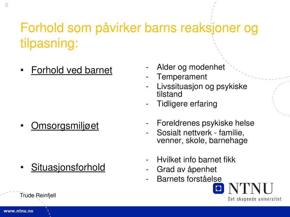 psykiske tilstand - Tidligere erfaring - Foreldrenes psykiske helse - Sosialt nettverk