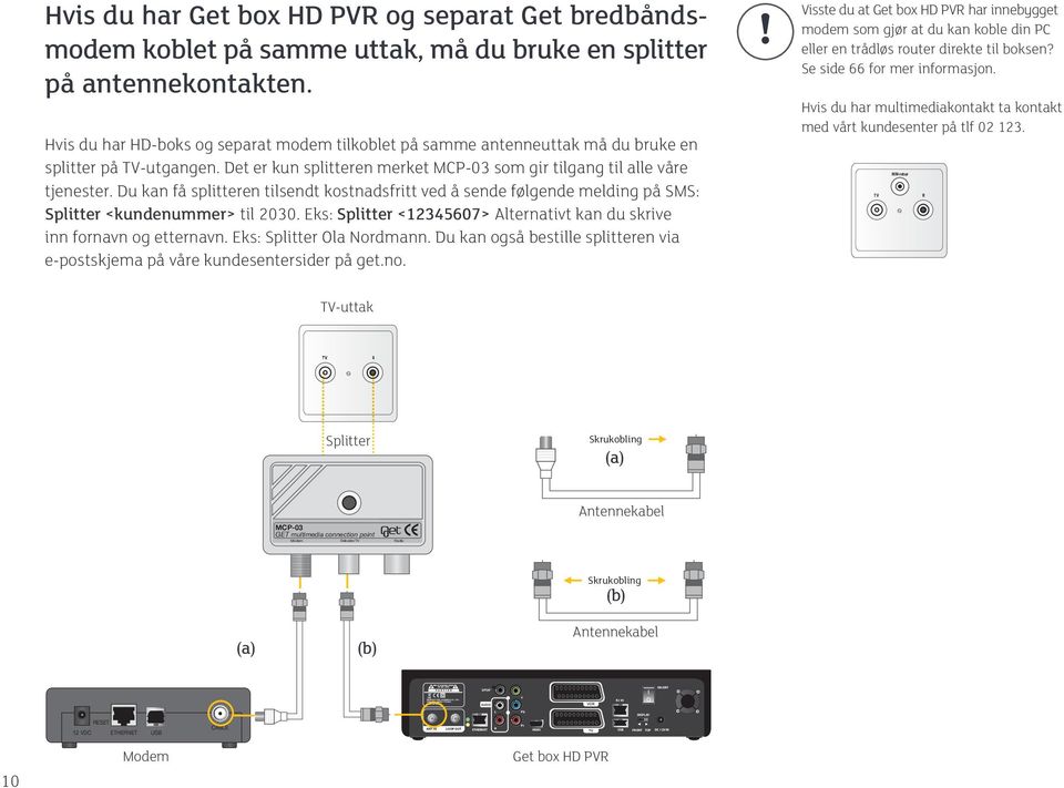 Du kan få splitteren tilsendt kostnadsfritt ved å sende følgende melding på SMS: Splitter <kundenummer> til 2030. Eks: Splitter <12345607> Alternativt kan du skrive inn fornavn og etternavn.