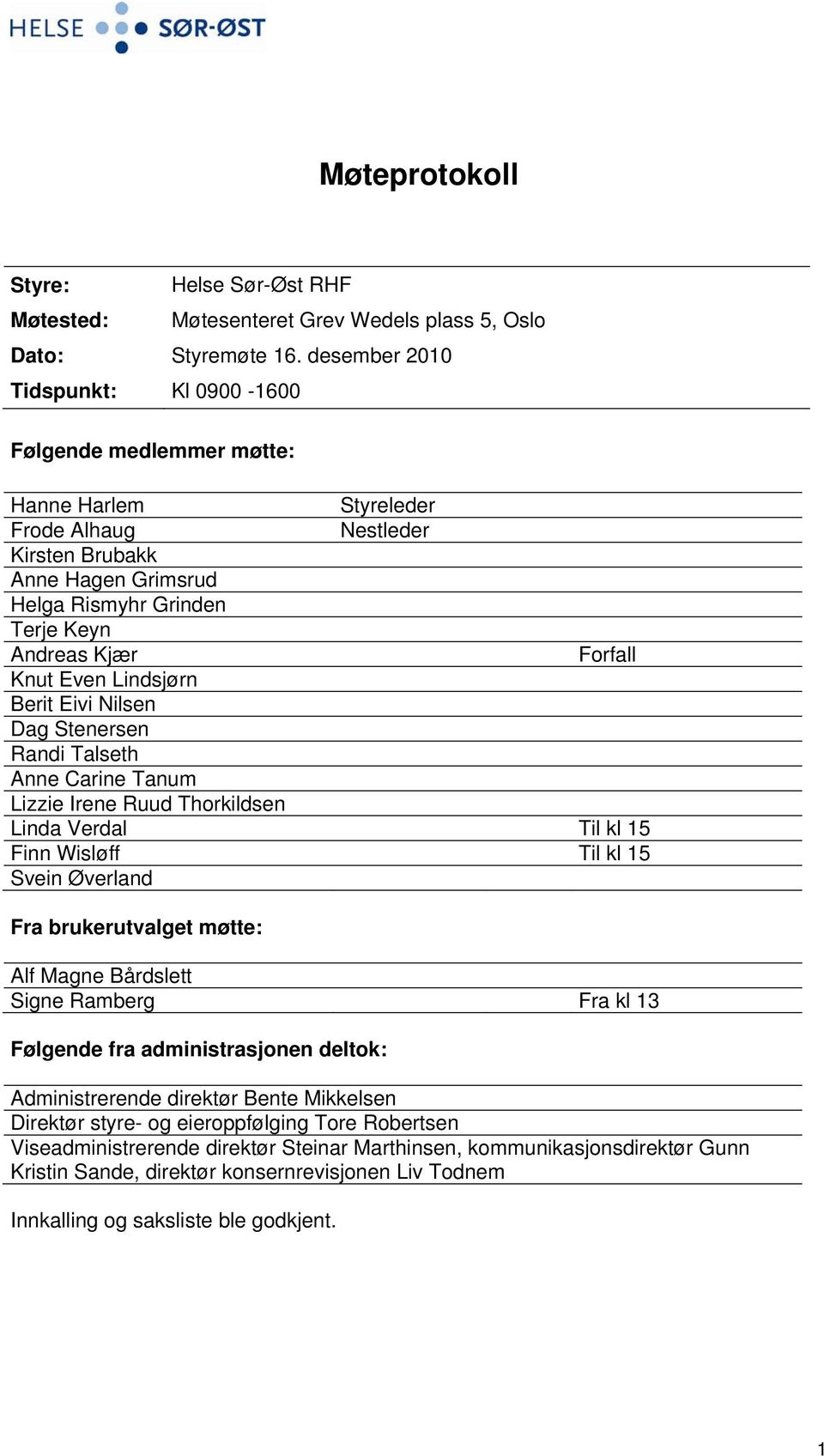 Forfall Knut Even Lindsjørn Berit Eivi Nilsen Dag Stenersen Randi Talseth Anne Carine Tanum Lizzie Irene Ruud Thorkildsen Linda Verdal Til kl 15 Finn Wisløff Til kl 15 Svein Øverland Fra