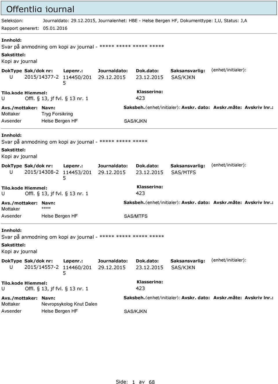 måte: Avskriv lnr.: Mottaker Tryg Forsikring SAS/KJKN Svar på anmodning om kopi av journal - ***** ***** ***** Kopi av journal 201/14308-2 11443/201 23.12.201 SAS/MTFS 423 Avs.