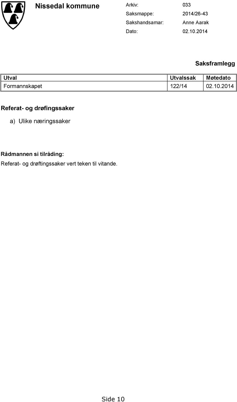 2014 Saksframlegg Utval Utvalssak Møtedato Formannskapet 122/14 02.10.