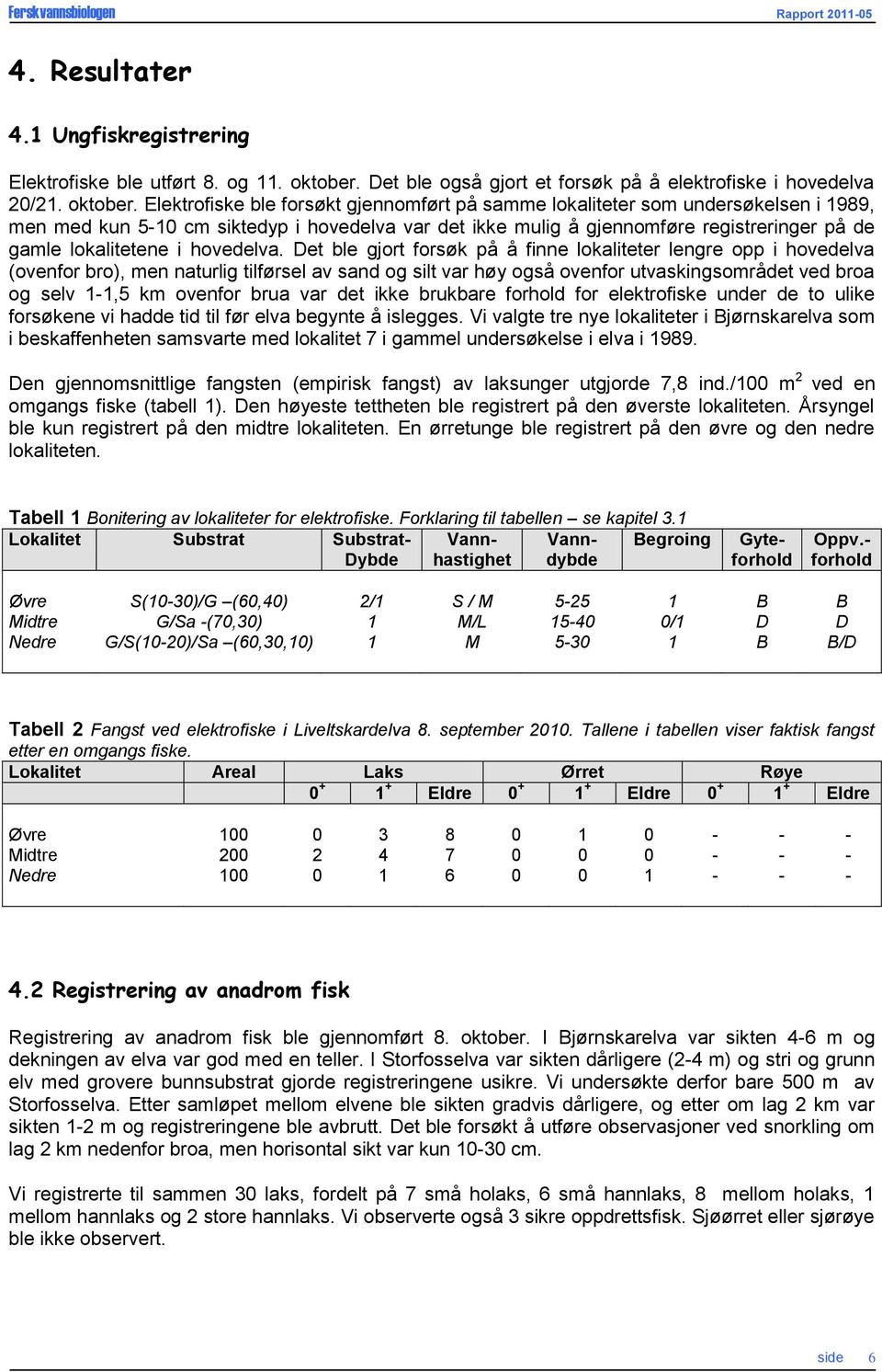 Elektrofiske ble forsøkt gjennomført på samme lokaliteter som undersøkelsen i 1989, men med kun 5-10 cm siktedyp i hovedelva var det ikke mulig å gjennomføre registreringer på de gamle lokalitetene i