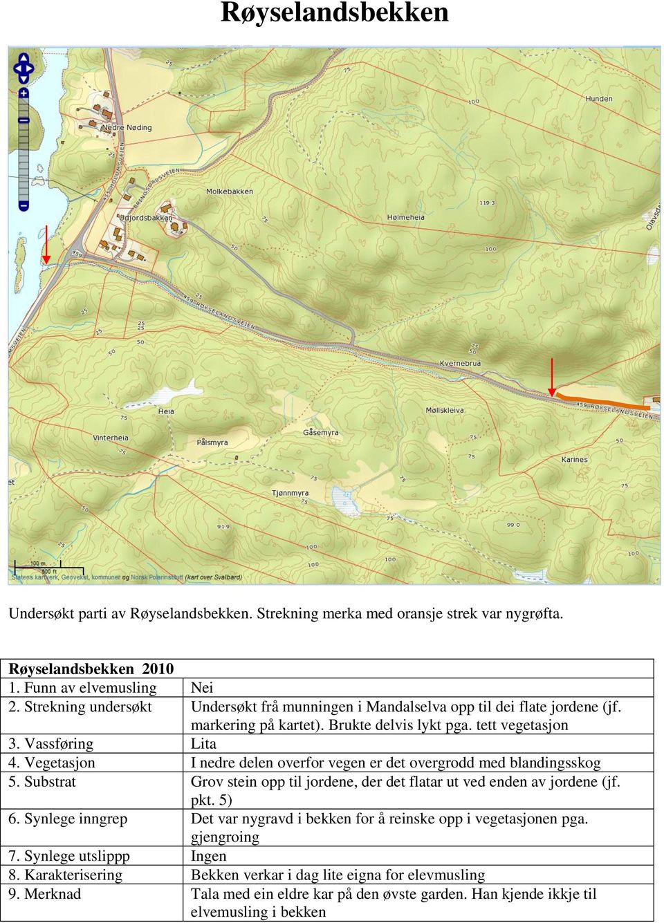 Vegetasjon I nedre delen overfor vegen er det overgrodd med blandingsskog 5. Substrat Grov stein opp til jordene, der det flatar ut ved enden av jordene (jf. pkt. 5) 6.