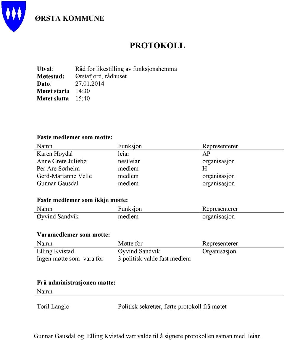 Gerd-Marianne Velle medlem organisasjon Gunnar Gausdal medlem organisasjon Faste medlemer som ikkje møtte: Namn Funksjon Representerer Øyvind Sandvik medlem organisasjon Varamedlemer som møtte: Namn