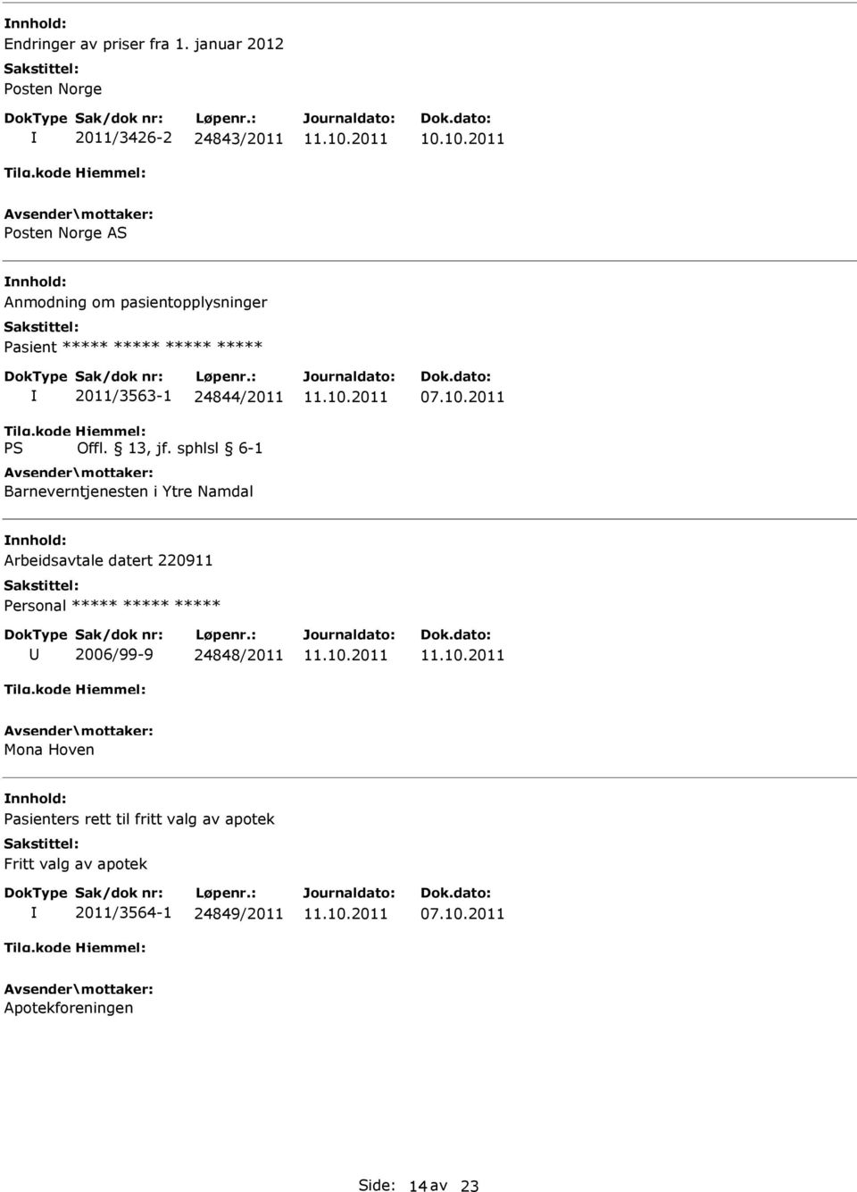 pasientopplysninger ***** 2011/3563-1 24844/2011 Barneverntjenesten i Ytre Namdal