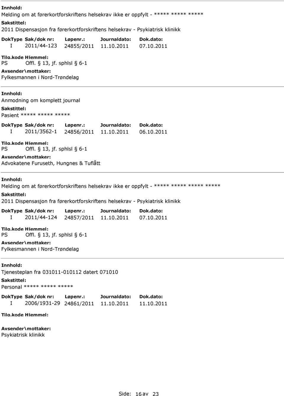 2011 Advokatene Furuseth, Hungnes & Tuflått Melding om at førerkortforskriftens helsekrav ikke er oppfylt - ***** ***** ***** ***** 2011 Dispensasjon fra