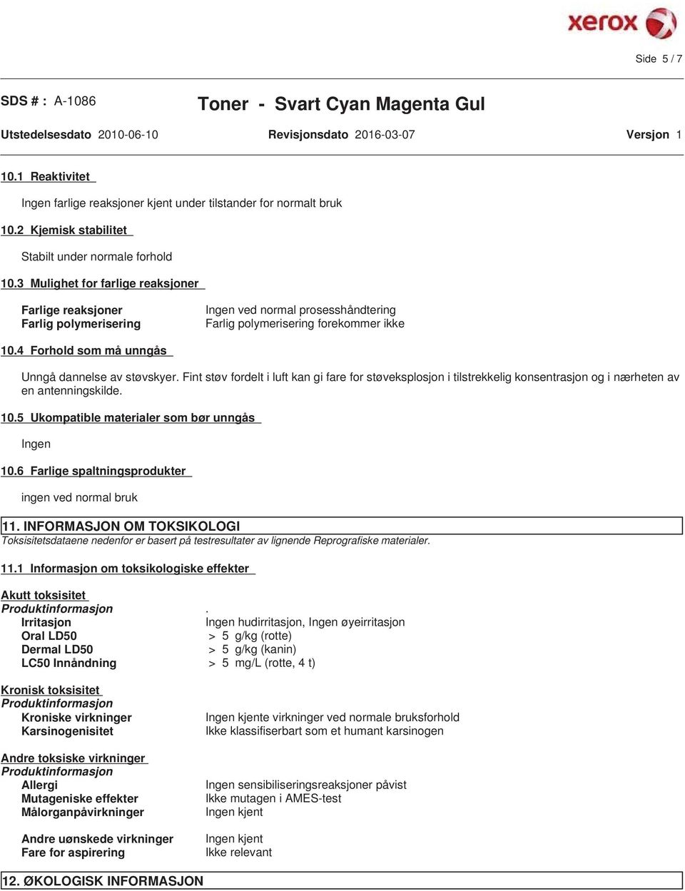 Fint støv fordelt i luft kan gi fare for støveksplosjon i tilstrekkelig konsentrasjon og i nærheten av en antenningskilde. 10.5 Ukompatible materialer som bør unngås 10.