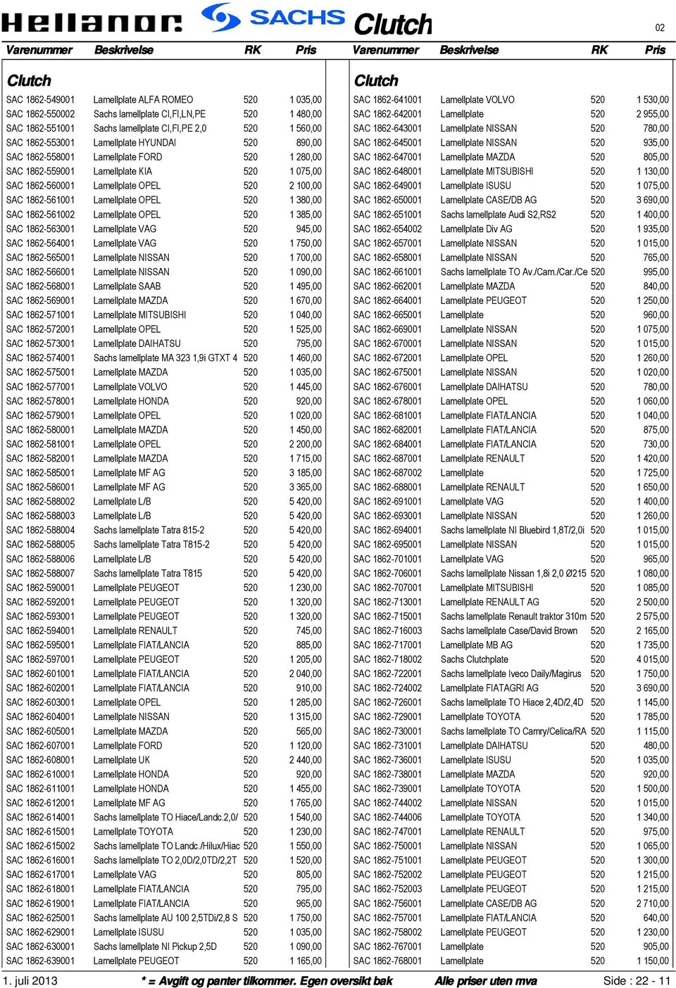 380,00 SAC 1862-561002 Lamellplate OPEL 520 1 385,00 SAC 1862-563001 Lamellplate VAG 520 945,00 SAC 1862-564001 Lamellplate VAG 520 1 750,00 SAC 1862-565001 Lamellplate NISSAN 520 1 700,00 SAC