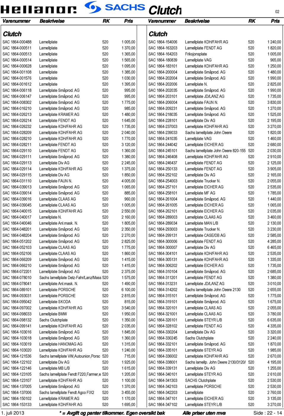 AG 520 995,00 SAC 1864-006147 Lamellplate Småprod. AG 520 995,00 SAC 1864-008302 Lamellplate Småprod. AG 520 1 775,00 SAC 1864-016210 Lamellplate Småprod.