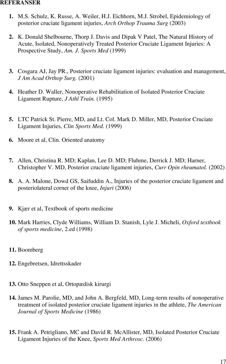 , Posterior cruciate ligament injuries: evaluation and management, J Am Acad Orthop Surg. (2001) 4. Heather D.