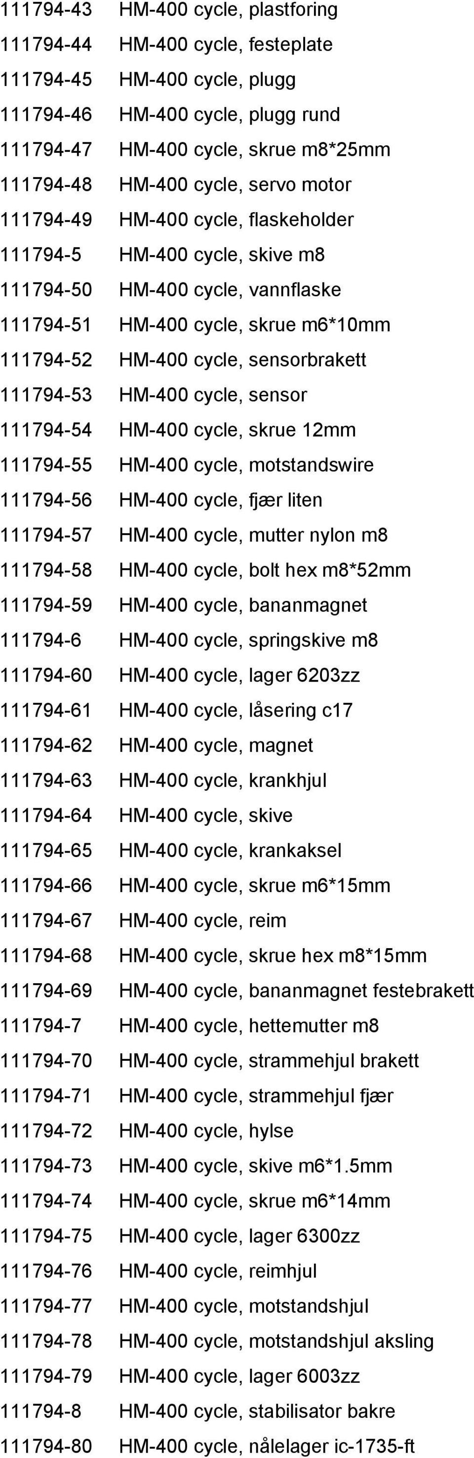 111794-53 HM-400 cycle, sensor 111794-54 HM-400 cycle, skrue 12mm 111794-55 HM-400 cycle, motstandswire 111794-56 HM-400 cycle, fjær liten 111794-57 HM-400 cycle, mutter nylon m8 111794-58 HM-400