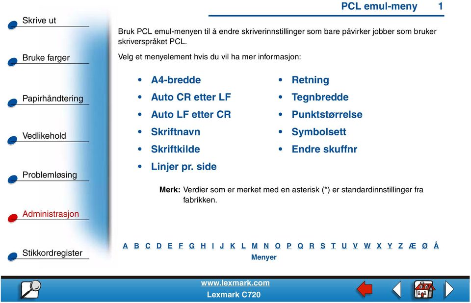 Velg et menyelement hvis du vil ha mer informasjon: A4-bredde Retning Auto CR etter LF Tegnbredde