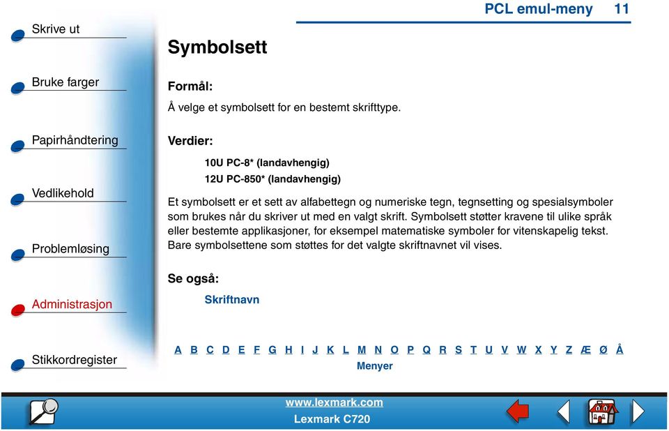 og spesialsymboler som brukes når du skriver ut med en valgt skrift.