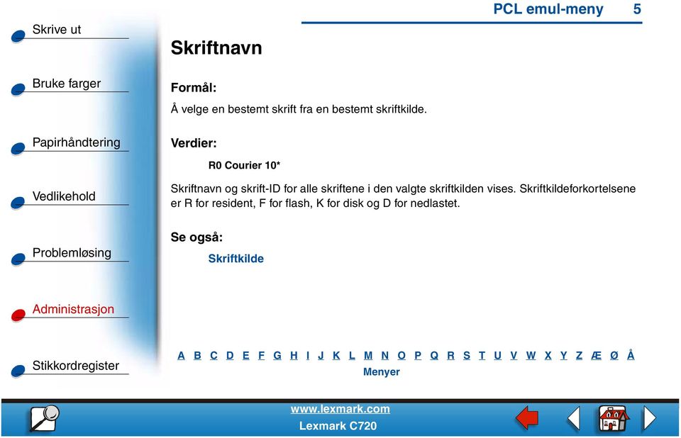 R0 Courier 10* Skriftnavn og skrift-id for alle skriftene i den