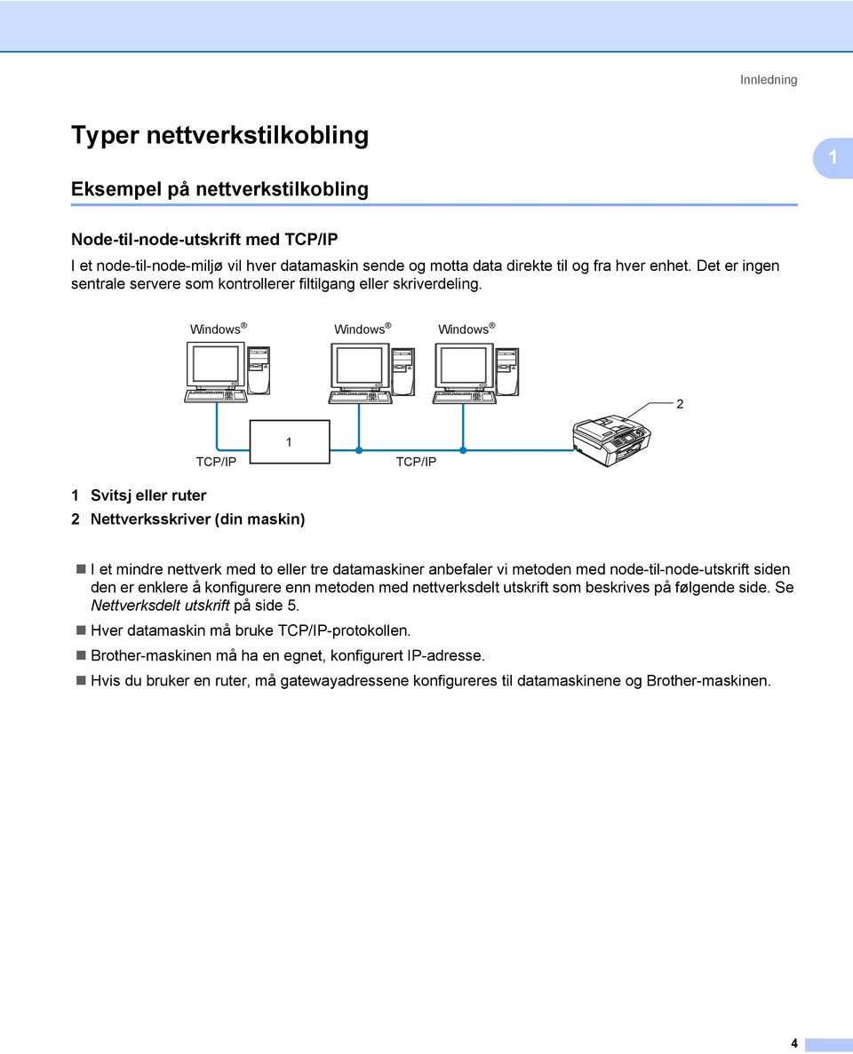 Windows Windows Windows 2 TCP/IP 1 TCP/IP 1 Svitsj eller ruter 2 Nettverksskriver (din maskin) I et mindre nettverk med to eller tre datamaskiner anbefaler vi metoden med node-til-node-utskrift siden