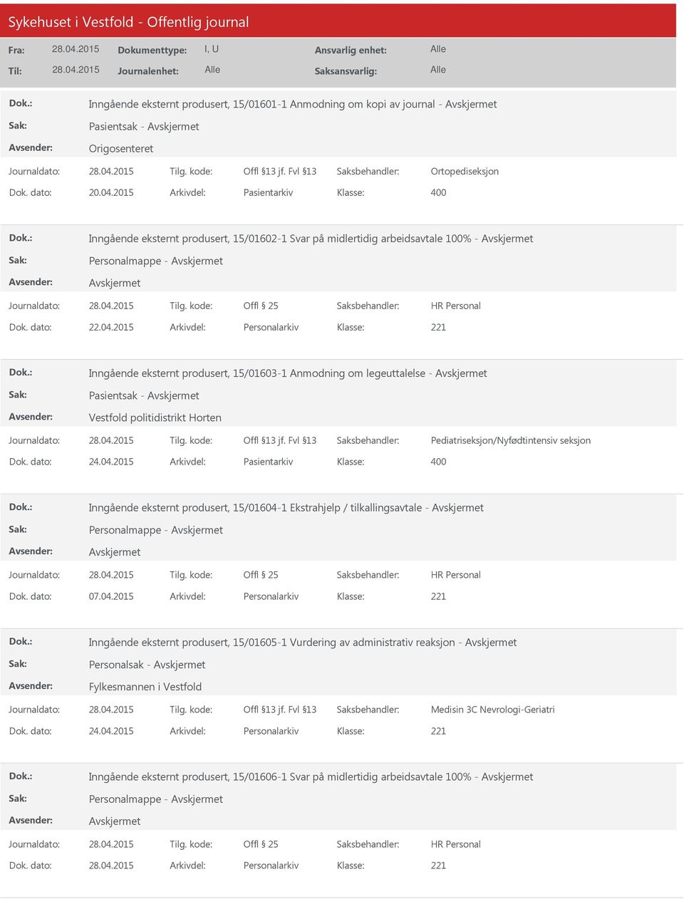 2015 Arkivdel: Personalarkiv Inngående eksternt produsert, 15/01603-1 Anmodning om legeuttalelse - Pasientsak - Vestfold politidistrikt Horten Pediatriseksjon/Nyfødtintensiv seksjon Dok. dato: 24.04.