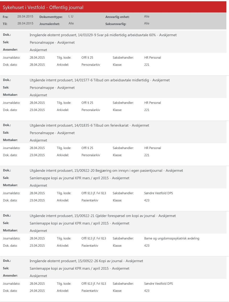 Personalmappe - Utgående internt produsert, 15/00922-20 Begjæring om innsyn i egen pasientjournal - Samlemappe kopi av journal KPR mars / april 2015 - Søndre Vestfold DPS Dok. dato: 23.04.