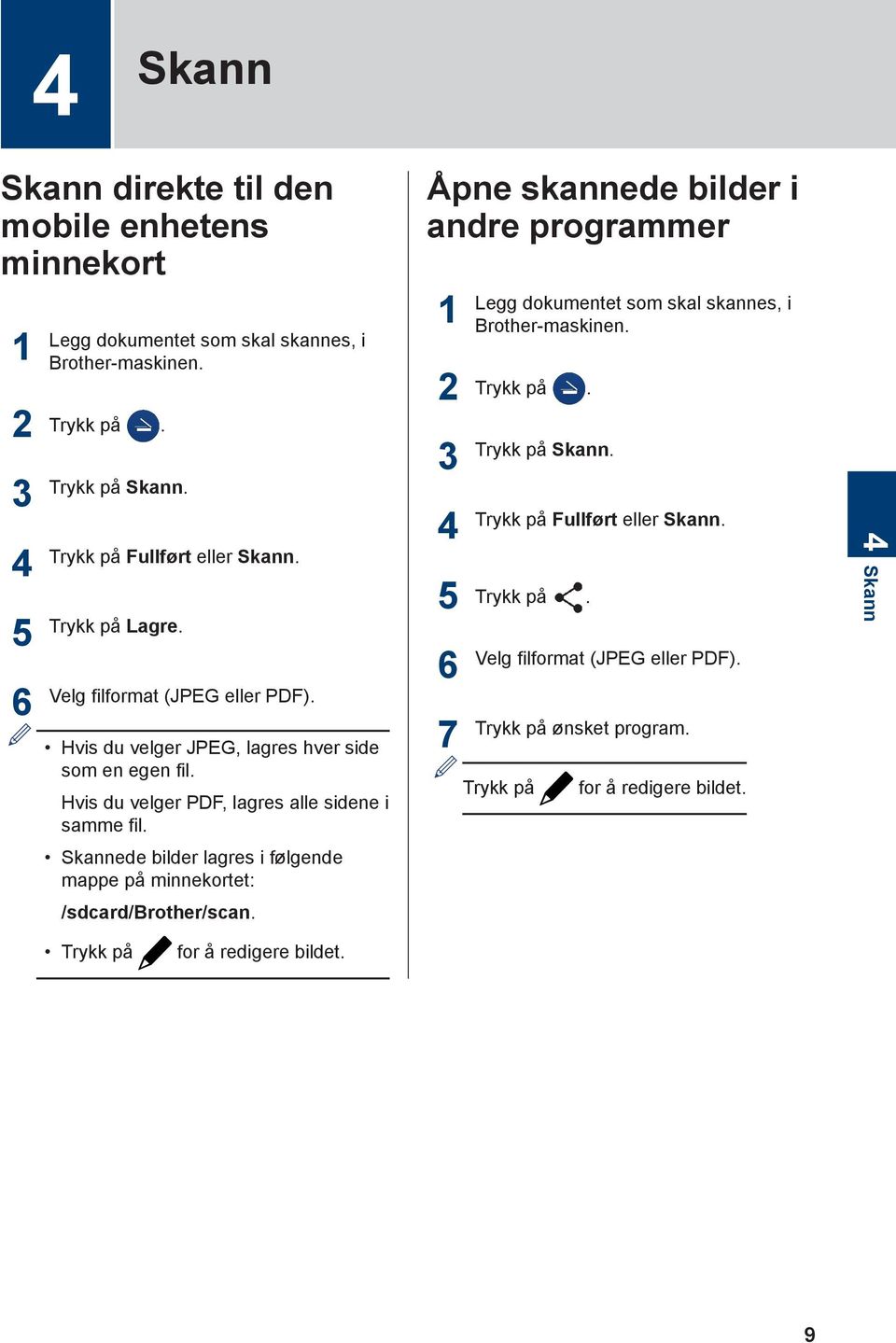 Skannede bilder lagres i følgende mappe på minnekortet: /sdcard/brother/scan.