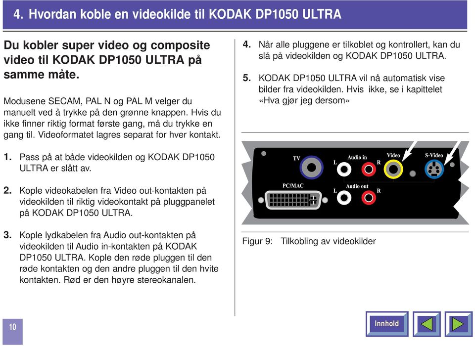 Videoformatet lagres separat for hver kontakt. 4. Når alle pluggene er tilkoblet og kontrollert, kan du slå på videokilden og KODAK DP1050 ULTRA. 5.