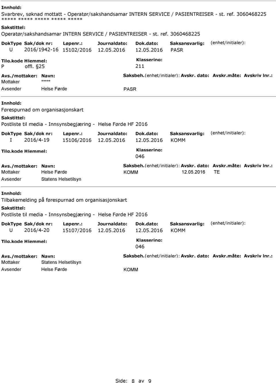 3060468225 2016/1942-16 15102/2016 ASR ASR Førespurnad om organisasjonskart ostliste til media - nnsynsbegjæring - HF 2016 2016/4-19