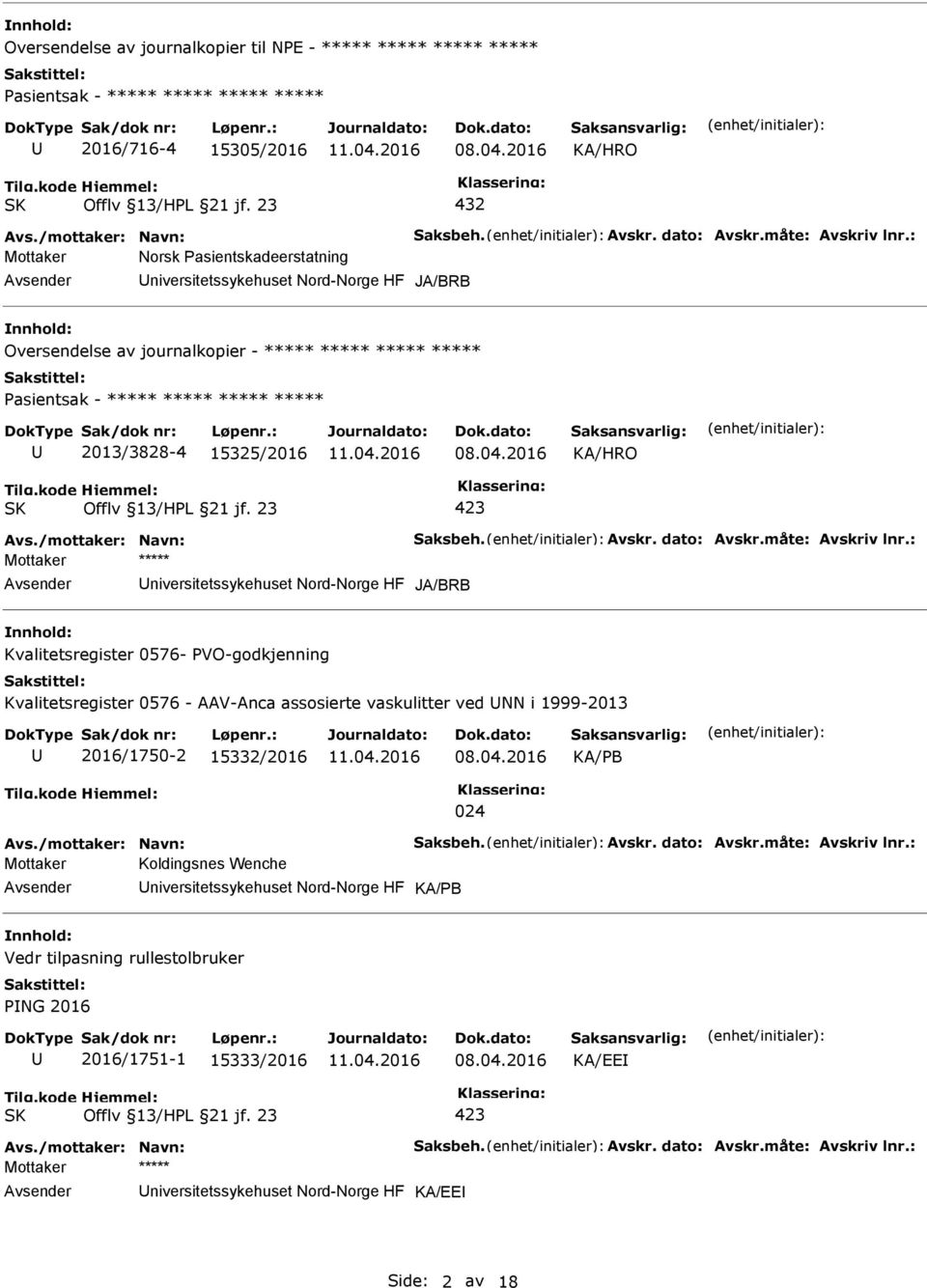 HF JA/BRB nnhold: Kvalitetsregister 0576- VO-godkjenning Kvalitetsregister 0576 - AAV-Anca assosierte vaskulitter ved NN i 1999-2013 2016/1750-2 15332/2016 KA/B 024 Mottaker Koldingsnes