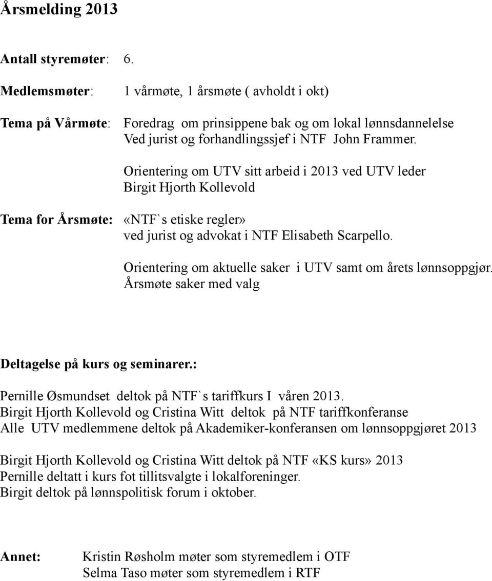 Orientering om UTV sitt arbeid i 2013 ved UTV leder Tema for Årsmøte: «NTF`s etiske regler» ved jurist og advokat i NTF Elisabeth Scarpello.