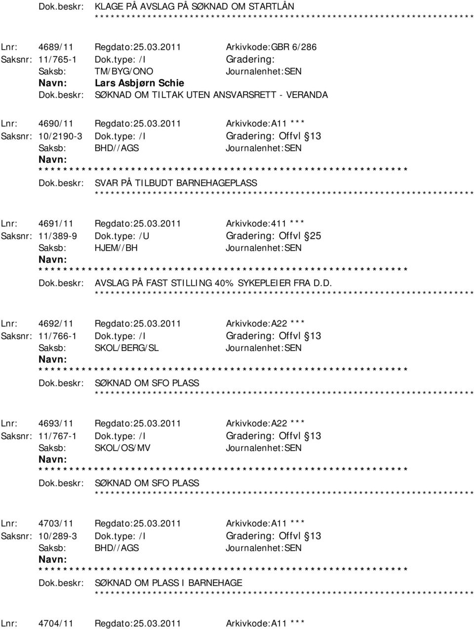 beskr: SVAR PÅ TILBUDT BARNEHAGEPLASS Lnr: 4691/11 Regdato:25.03.2011 Arkivkode:411 *** Saksnr: 11/389-9 Dok.type: /U Gradering: Offvl 25 Saksb: HJEM//BH Journalenhet:SEN Dok.