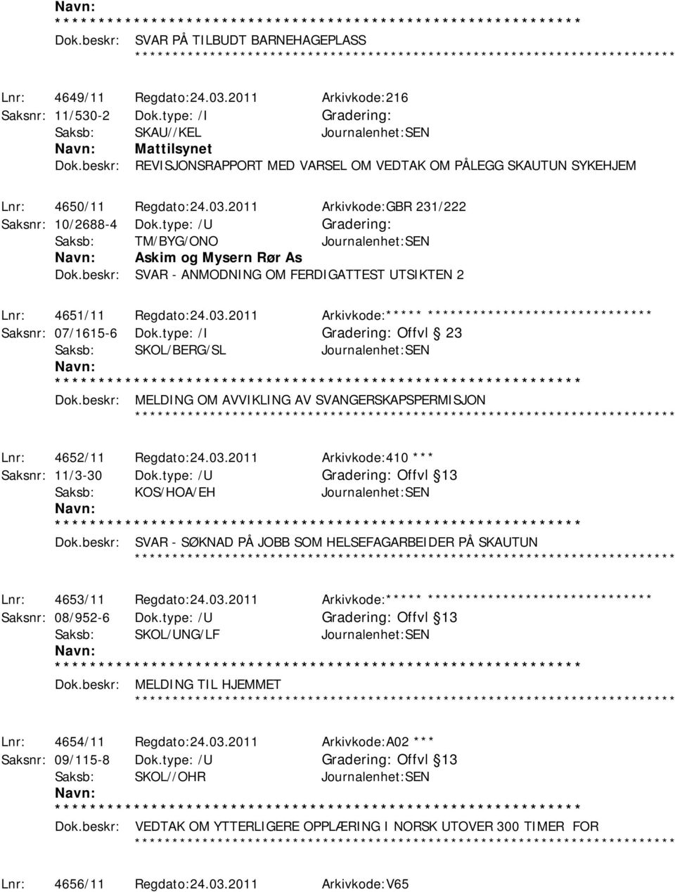 type: /U Gradering: Saksb: TM/BYG/ONO Journalenhet:SEN Askim og Mysern Rør As Dok.beskr: SVAR - ANMODNING OM FERDIGATTEST UTSIKTEN 2 Lnr: 4651/11 Regdato:24.03.