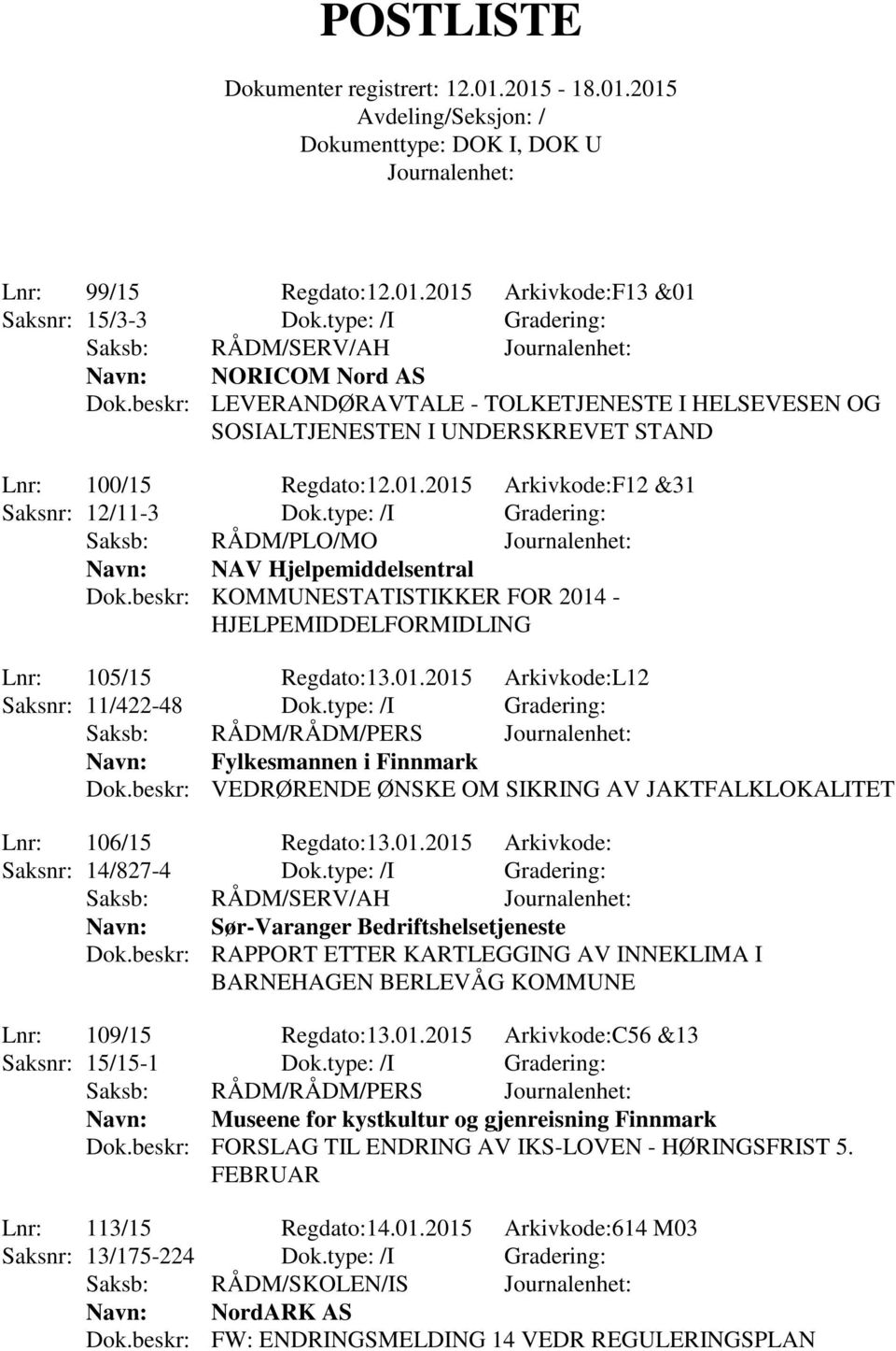 type: /I Gradering: Saksb: RÅDM/PLO/MO Navn: NAV Hjelpemiddelsentral Dok.beskr: KOMMUNESTATISTIKKER FOR 2014 - HJELPEMIDDELFORMIDLING Lnr: 105/15 Regdato:13.01.2015 Arkivkode:L12 Saksnr: 11/422-48 Dok.