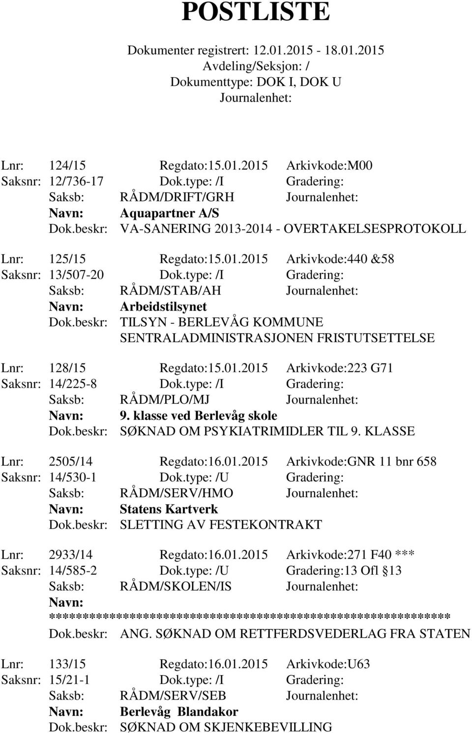 beskr: TILSYN - BERLEVÅG KOMMUNE SENTRALADMINISTRASJONEN FRISTUTSETTELSE Lnr: 128/15 Regdato:15.01.2015 Arkivkode:223 G71 Saksnr: 14/225-8 Dok.type: /I Gradering: Saksb: RÅDM/PLO/MJ Navn: 9.