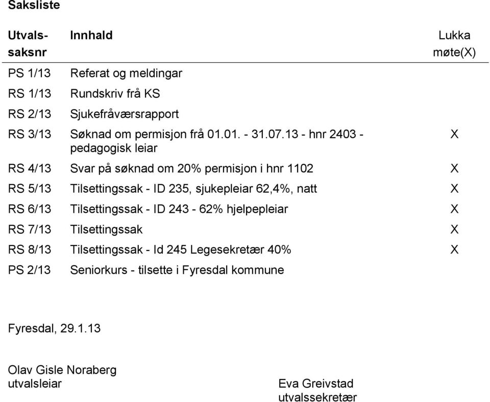 13 - hnr 2403 - pedagogisk leiar Lukka møte(x) RS 4/13 Svar på søknad om 20% permisjon i hnr 1102 X RS 5/13 Tilsettingssak - ID 235,