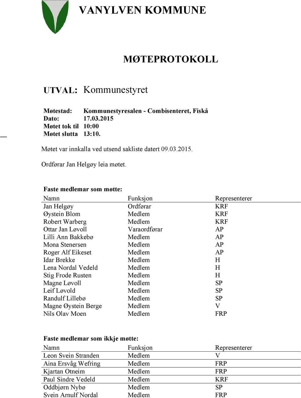 Faste medlemar som møtte: Namn Funksjon Representerer Jan Helgøy Ordførar KRF Øystein Blom Medlem KRF Robert Warberg Medlem KRF Ottar Jan Løvoll Varaordførar AP Lilli Ann Bakkebø Medlem AP Mona