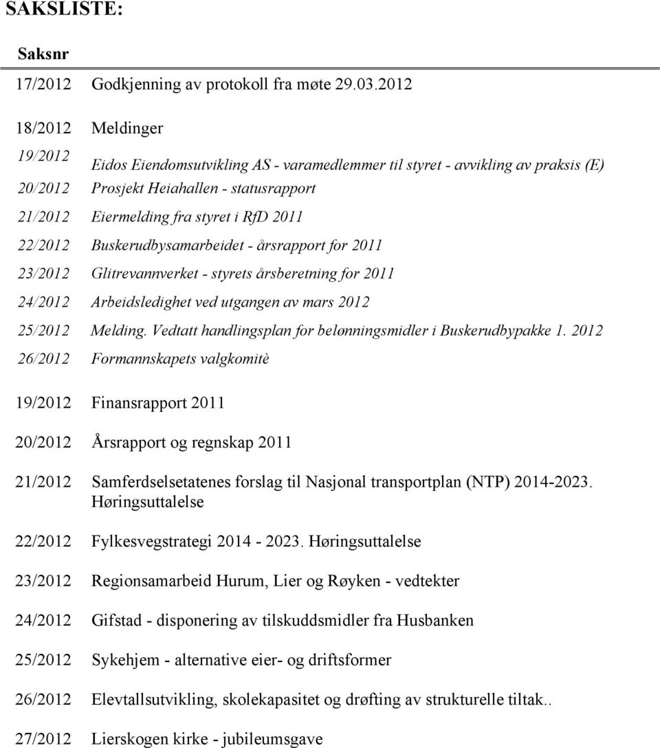 22/2012 Buskerudbysamarbeidet - årsrapport for 2011 23/2012 Glitrevannverket - styrets årsberetning for 2011 24/2012 Arbeidsledighet ved utgangen av mars 2012 25/2012 Melding.