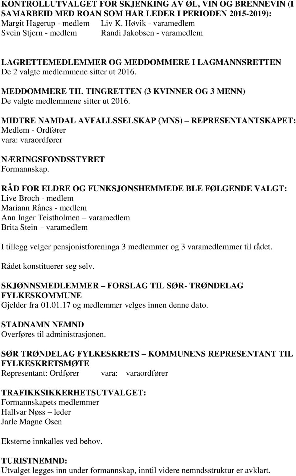 MEDDOMMERE TIL TINGRETTEN (3 KVINNER OG 3 MENN) De valgte medlemmene sitter ut 2016.