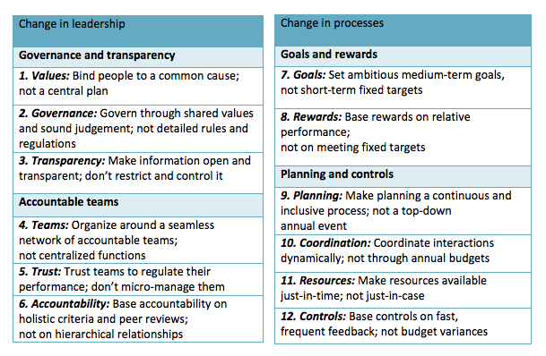 Figur 2: Beyond Budgeting-prinsippene (bbrt.org, 2015) De seks første prinsippene er ledelsesprinsipper, mens de seks siste er prosessprinsipper.