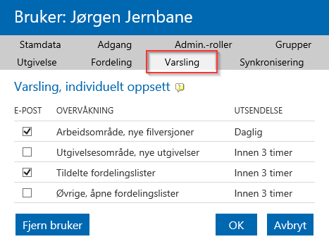 esam/byggeweb Rolleveiledning: Prosjektadministrator (Bane NOR) side 26/66 I fanen «Varsling» skal det